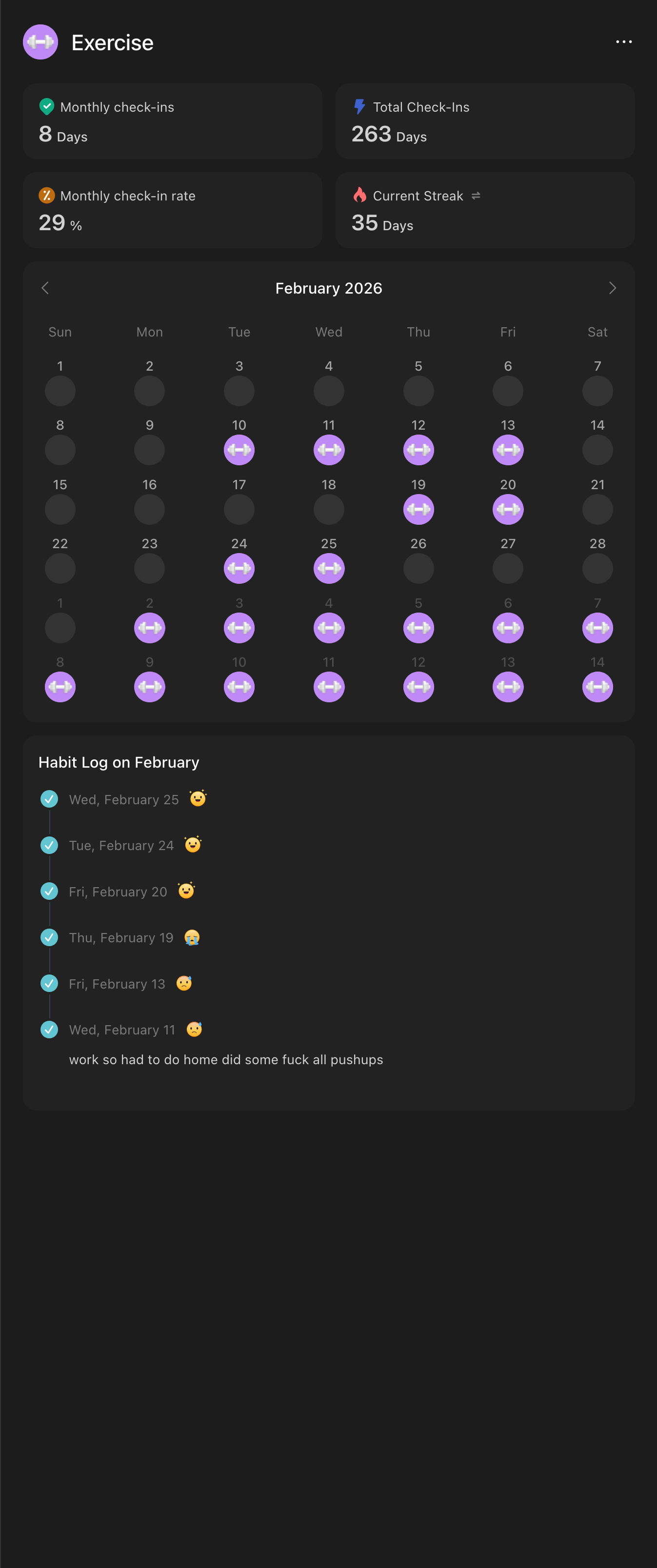 Exercise tracker for February 2026