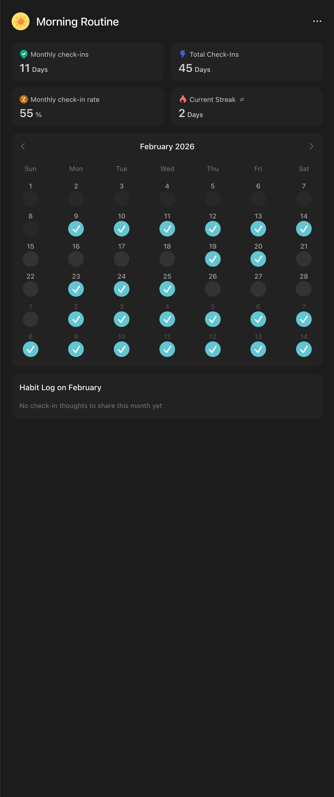 Morning routine tracker for February 2026