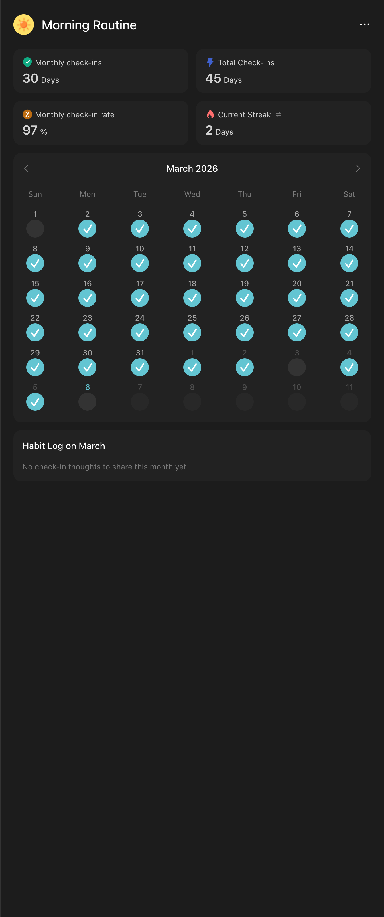 Morning routine tracker for March 2026