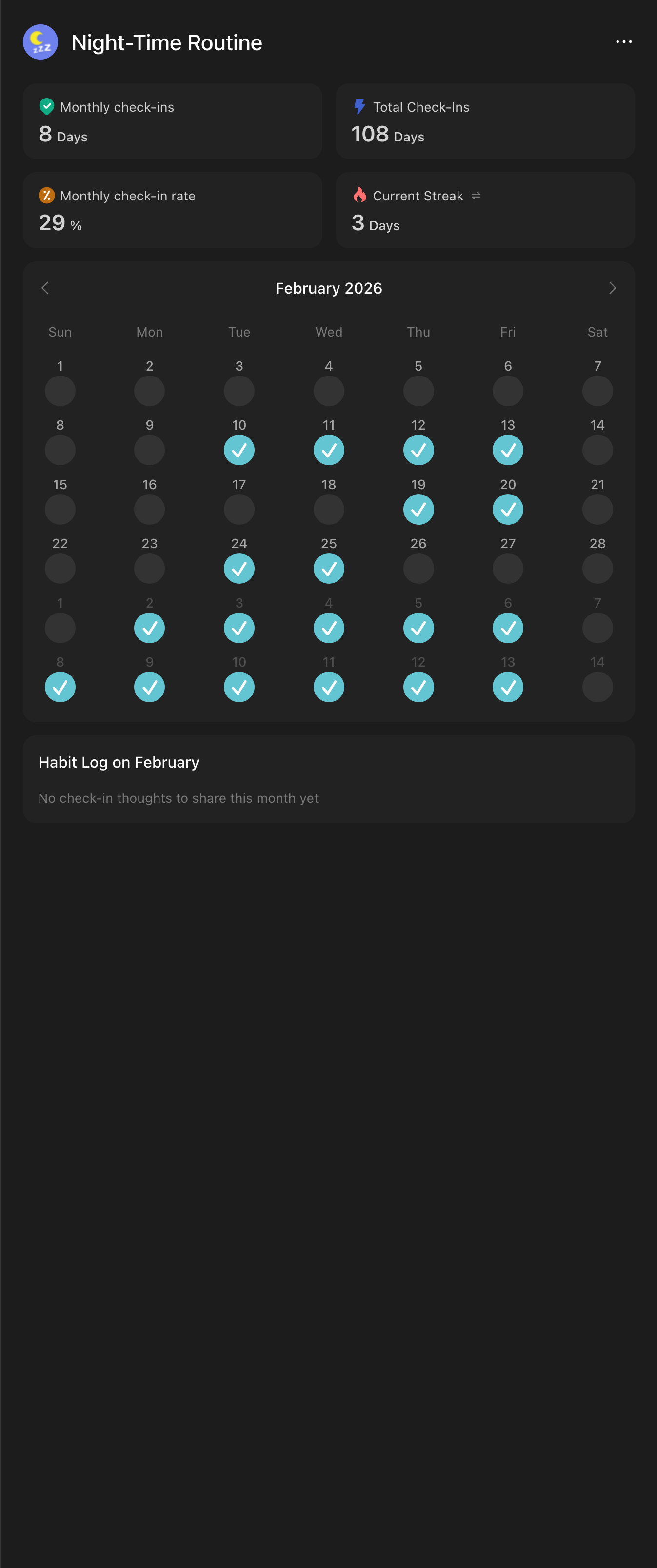 Night routine tracker for February 2026