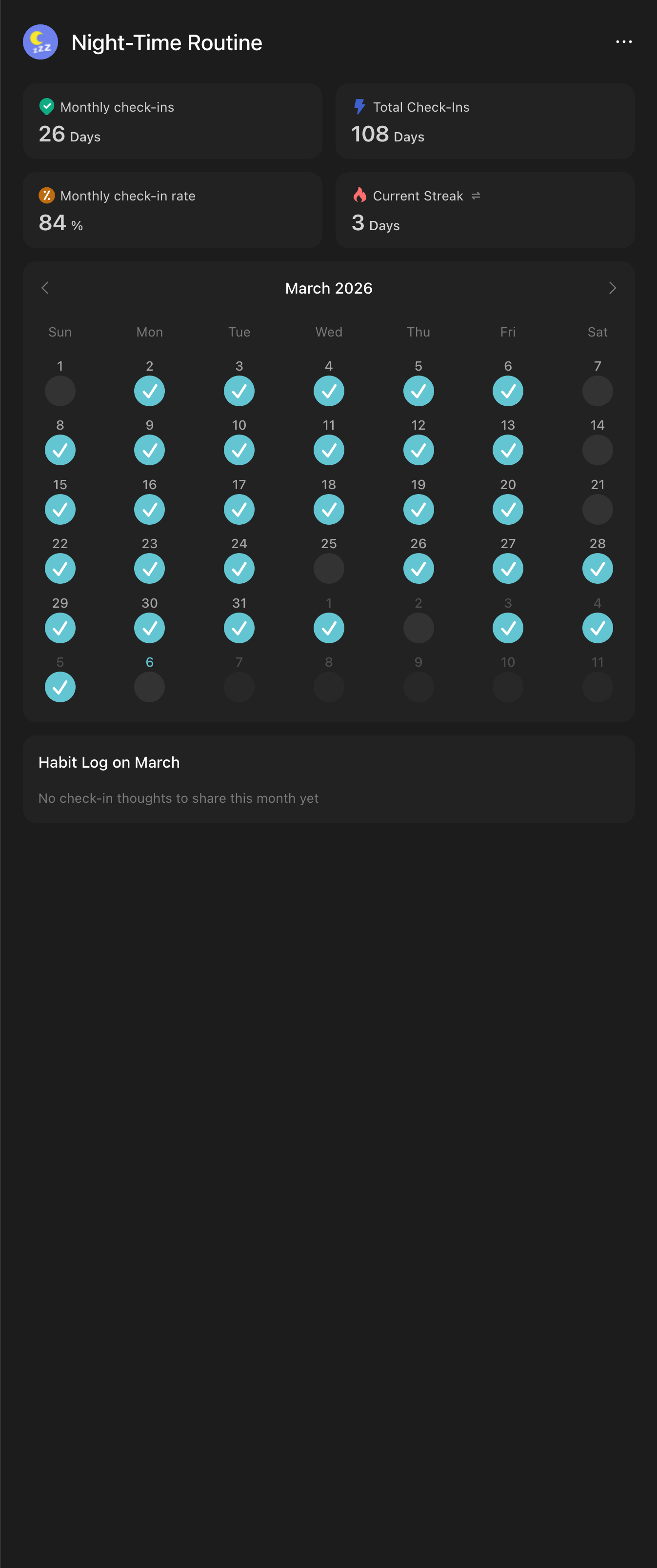 Night routine tracker for March 2026
